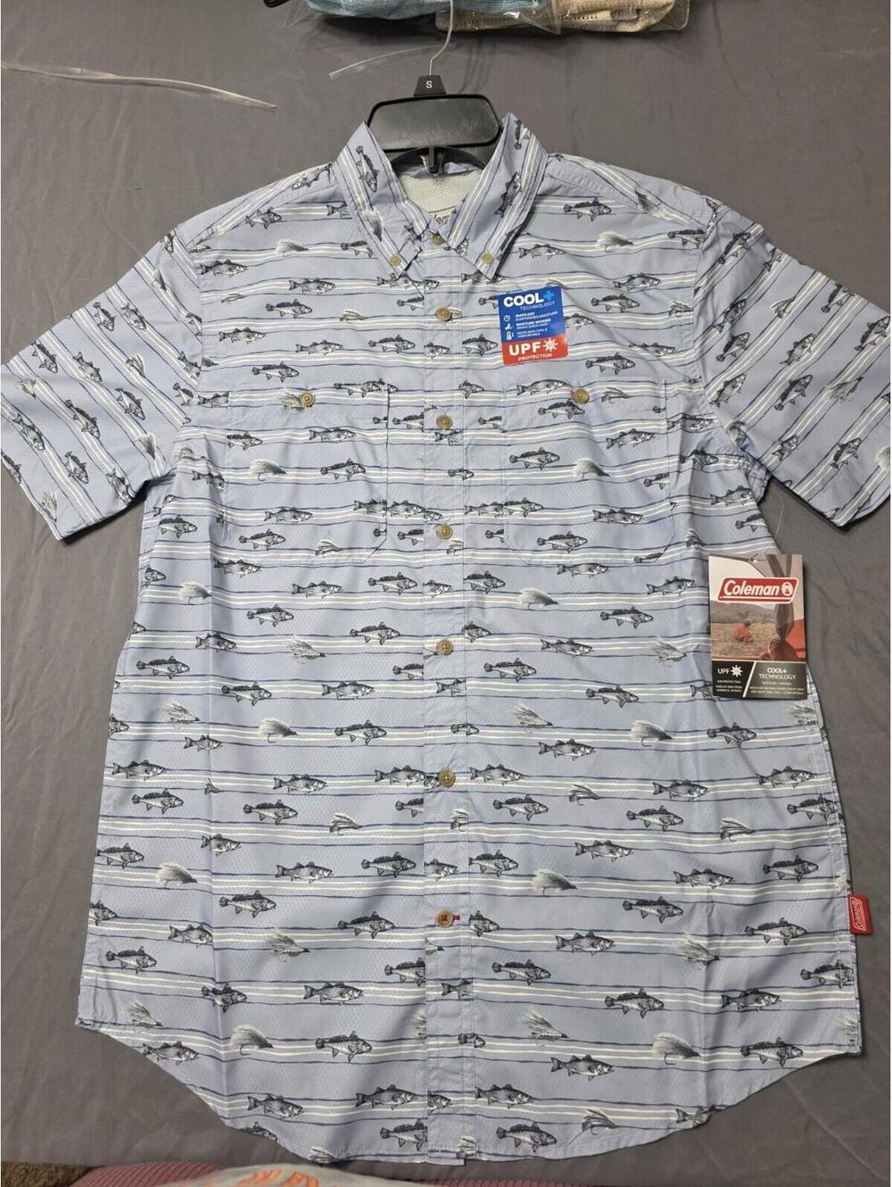Coleman Fishing Shirt Men’s Small UPF 50 Cool Dry Blue Fish NWT‎